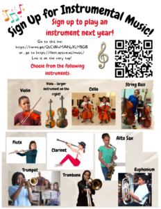 Banner with QR code to sign up for Instrumental Music at Fleet